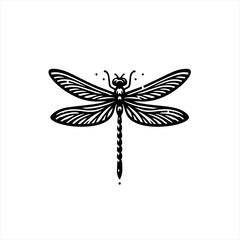 Stylized black dragonfly silhouette with intricate wing patterns