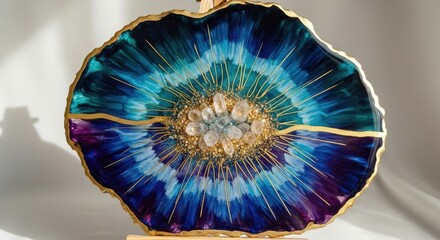 Stunning Abstract Geode Resin Art with Gold Edging and Crystals Centerpiece