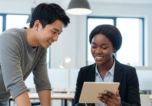 Dynamic diverse team collaborating on tablet in bright modern office, reviewing project results, sharing ideas, and celebrating success together