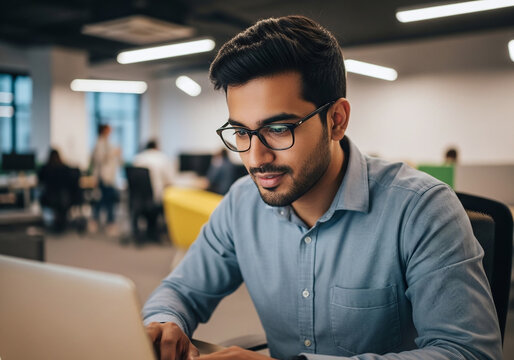 Focused young professional working on laptop in bright, modern office creating innovative solutions for growing business with diverse team members