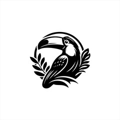 Stylized black silhouette of a toucan bird with laurel wreath