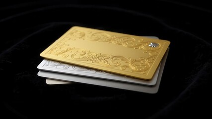 Fototapeta premium Luxury Metal Business Cards Stacked on Black Velvet Background in Studio Setting for Corporate Identity and Branding