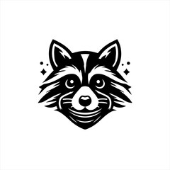 Stylized black and white raccoon face logo with sparkles