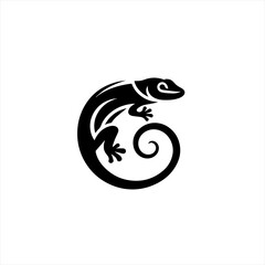 Stylized black gecko with a curled tail on a white background