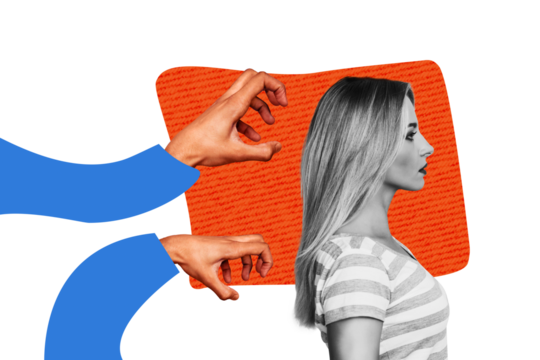 Composite trend artwork 3D sketch collage of young lady stand model posing back arm hands sleeve gesture catch grab nonverbal language