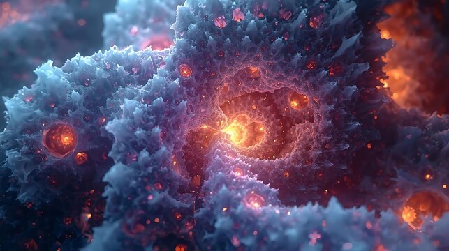 Abstract fractal nebula with glowing orange cores and wispy blue clouds. - Powered by Adobe