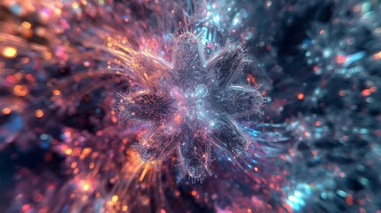 Abstract fractal bloom of glowing particles in vibrant orange and blue hues, creating a cosmic or microscopic spectacle.
