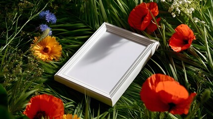 A diverse array of colorful, blooming flowers surrounded by lush greenery and foliage, creating a vibrant and serene natural backdrop for the elegant frame.