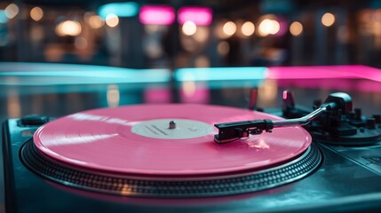 Pink Vinyl Record with Neon Lights on Turntable