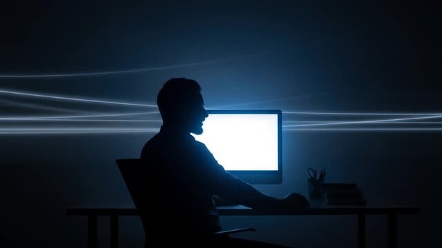 Silhouette of a person working late at a desk in a dark room, illuminated by a computer screen's glow