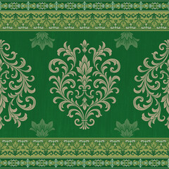 Luxurious green damask seamless pattern with gold-inspired floral ornaments, ideal for wallpaper, fabric, wrapping paper, invitations, and home décor design.