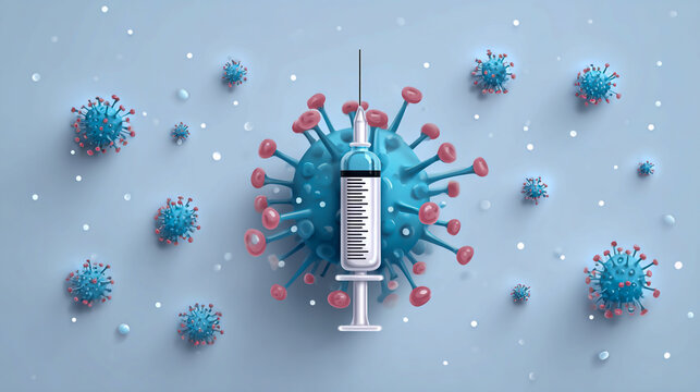 Syringe and bulb of the tiles against the background with cartoon virus vector illustration on a white background