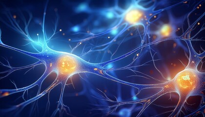 microscopic view of glowing nerve cells on dark blue background featuring detailed neurons and synapses for scientific medical and biological visualization concepts in high resolution abstract illus