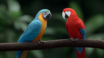 Obraz premium Two brightly colored parrots, a blue and gold aw and a red and green aw, sitting side by side on a wooden branch against a lush, green background.