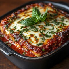 A hot, cheesy lasagna with layers of marinara sauce, ricotta, and melted mozzarella, fresh basil on top