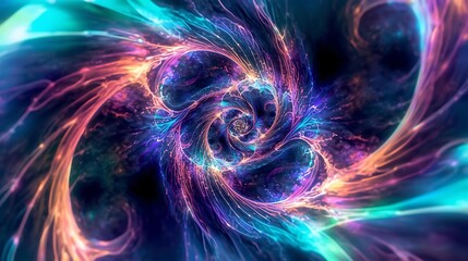 A vibrant, swirling vortex of cosmic energy, with luminous tendrils of purple, blue, and gold light.