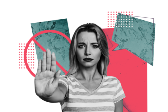 Composite trend artwork sketch image photo collage of young woman hand gesture stop harassment stereotype bully speech cloud cross