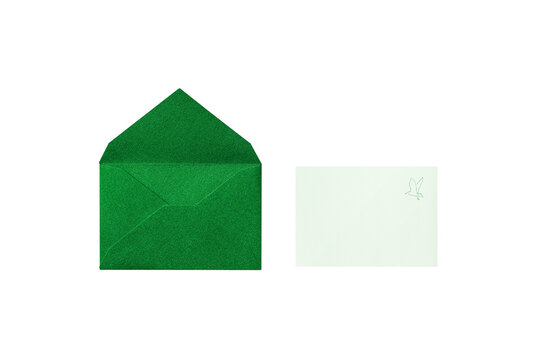 Overhead shot of a pale green card with a line-drawn bird illustration, next to the back of an opened deep green glittery envelope - Powered by Adobe