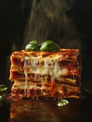 A hot, cheesy lasagna with layers of marinara sauce, ricotta, and melted mozzarella, fresh basil on top