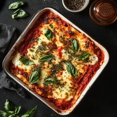 A hot, cheesy lasagna with layers of marinara sauce, ricotta, and melted mozzarella, fresh basil on top
