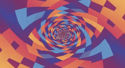 Vibrant geometric spiral vortex with warm orange, cool blue, and deep purple hues creates dynamic motion