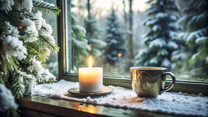 Frosted window with ice crystals and blurred snowy forest outside, warm candle and mug of tea in foreground, cozy interior atmosphere, soft natural light, copy space, photorealistic, high resolution.