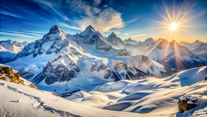 Majestic winter mountain landscape with snow-covered peaks, clear blue sky, dramatic light and shadows, wide panoramic view with copy space, ultra realistic, perfect for travel and adventure ads.
