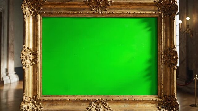 Elegant Baroque Gold Frame with Chroma Key Green Screen Displayed in a Grand Museum Hall