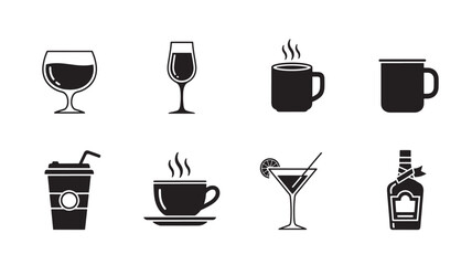 Obraz premium Drink and beverage solid icon set. Includes symbols for wine glass, coffee cup, cocktail, and bottle. Solid vector icons for menu design, restaurant, and bar.