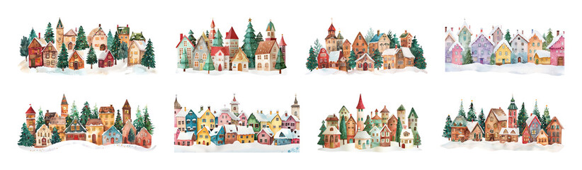 Fototapeta premium PNG Charming festive village illustration, element set on transparent background