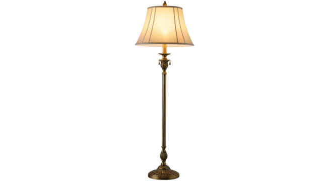 Elegant traditional standing floor lamp with ornate base and cream lampshade illuminating a room