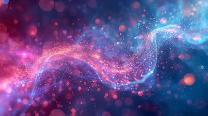 Abstract swirling nebula of pink and blue particles with bokeh effects, evoking a cosmic or ethereal atmosphere.