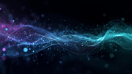 Abstract flowing particles and light waves in shades of blue and purple against a dark background.
