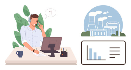 Man with headset at desk, computer, mug, analyzing industrial data, bar chart visualization, factory imagery. Ideal for business, productivity, analysis industry communication technology simple