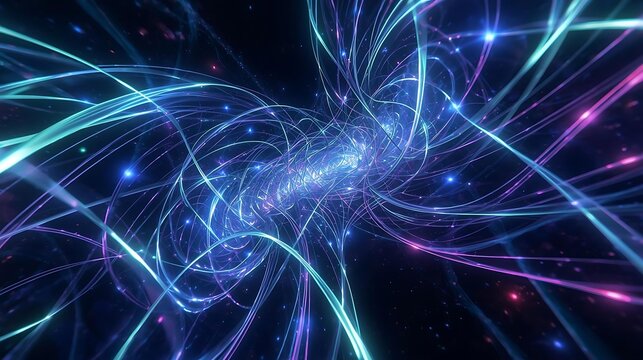 Abstract visualization of swirling blue and purple energy streams in a dark cosmic void.