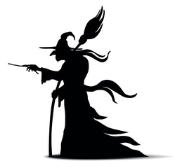 Hunchbacked witch silhouette with broom and magic wand. Halloween vector on transparent background 
