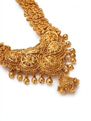 Ornate golden necklace with intricate design, ethnic Indian jewelry piece, traditional bridal accessory, cultural fashion ornament