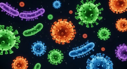 Blue vector illustration of bacteria and virus cells in a seamless flower pattern on a light background