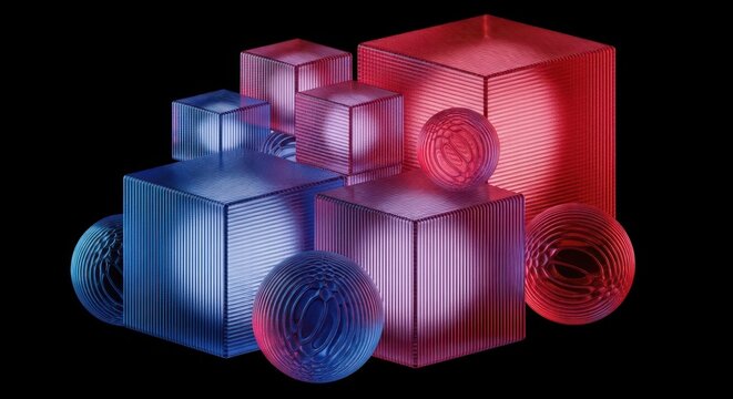 Abstract Geometric Shapes and Spheres Illuminate with Vibrant Blue and Red Light