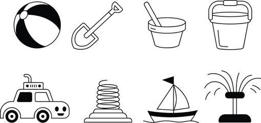 Collection of eight simple black and white line art beach toys bucket