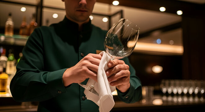 Professional bartender polishes wine glass for perfect service