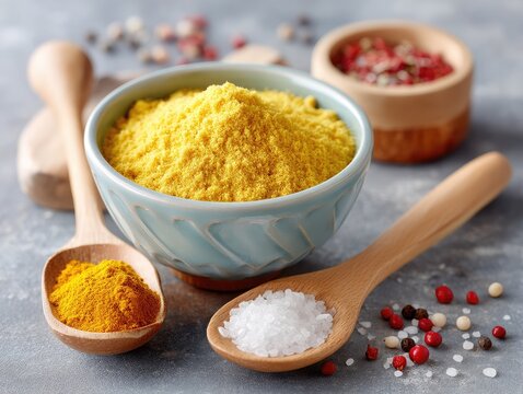 Top Down Shot of Ceramic Bowl Filled with Turmeric Powder and Wooden Spoons with Various Spices and Herbs