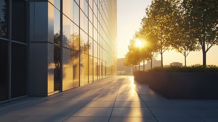 Golden hour light illuminates modern glass building and urban trees at sunrise.