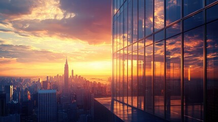 Vibrant Sunset Reflections on Modern City Skyscraper.