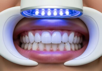 Professional teeth whitening with blue led light device for bright white smile close-up