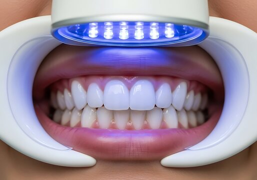 Professional teeth whitening with blue led light device for bright white smile close-up