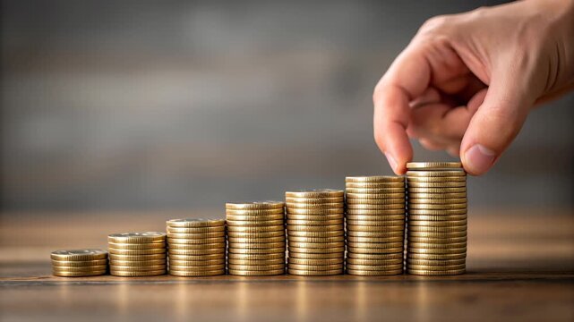 Cryptocurrency market volatility risk shown by stacked coin pile growth and hand adding coin wooden table, concept of finance, money, currency