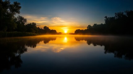 Fototapeta premium Sunset reflection on serene river tranquil nature scene landscape photography calm environment wide angle view natural beauty for relaxation