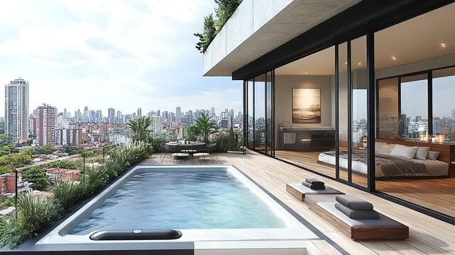 Luxurious Penthouse Apartment with Rooftop Pool and City View.