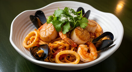 Delicious seafood pasta with scallops, shrimp, and mussels